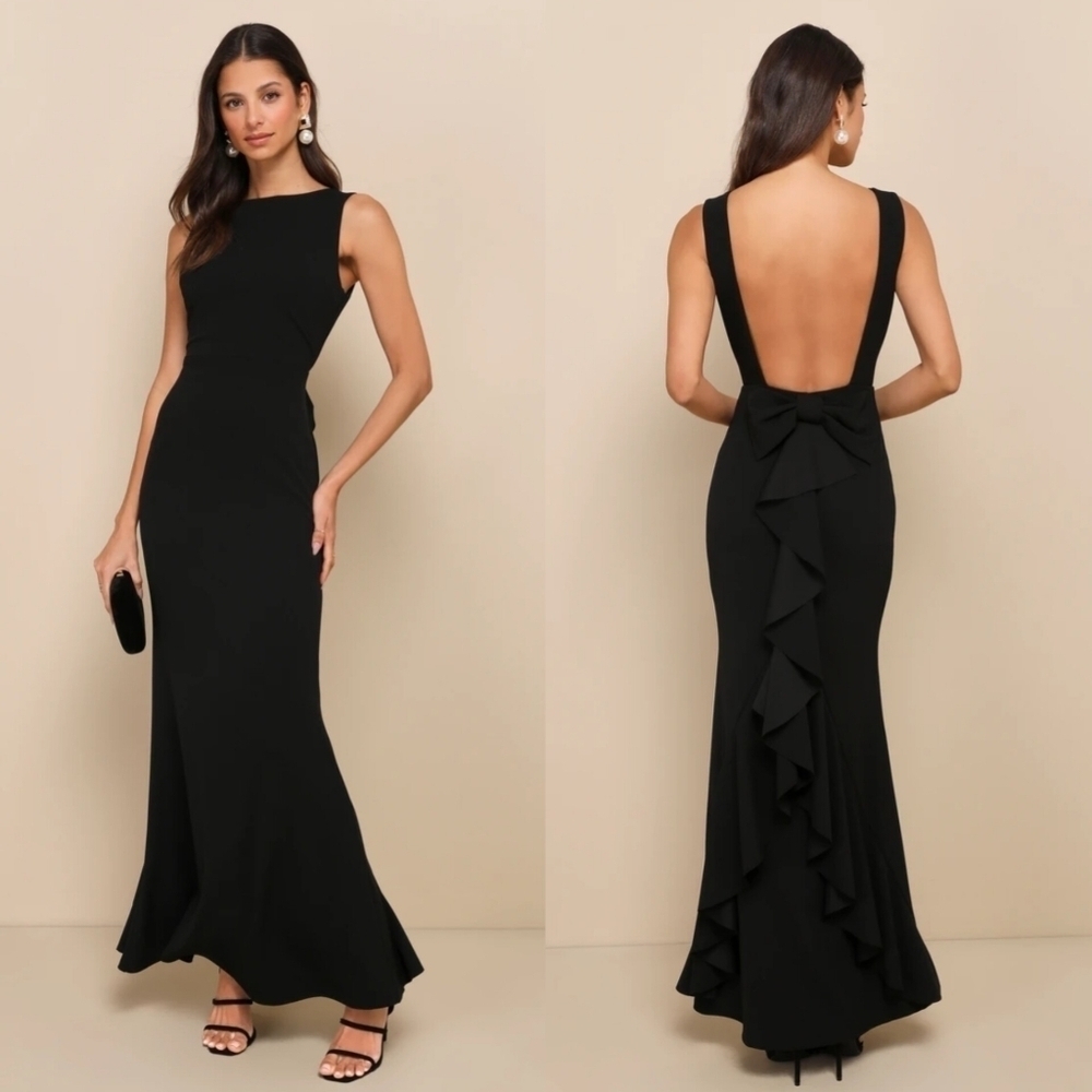 Lulus Exquisite Refinement Black Backless Bow Ruffled Maxi Dress Wedding Party